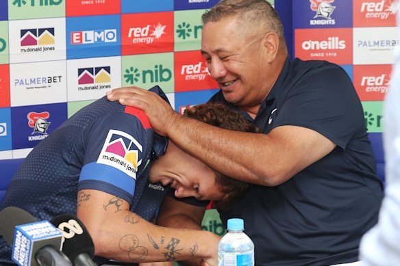 Kalyn and Andre Ponga show a public glimpse of their bond at a media conference in Newcastle in 2022 after Kalyn signed a monster contract extension.