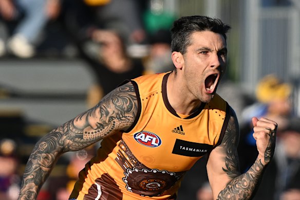Hawthorn’s Chad Wingard celebrates a goal.