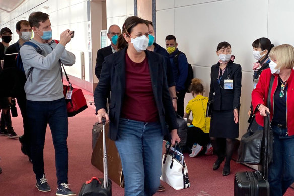 Queensland Premier Annastacia arrives at Haneda Airport ahead of a final pitch for the 2032 Olympics.