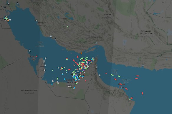 The Strait of Hormuz (centre) mostly empty of marine traffic on Wednesday.