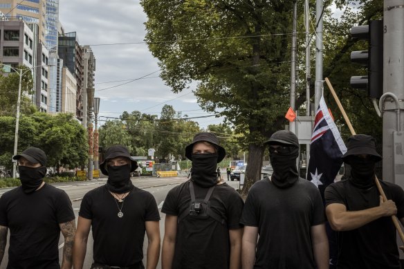 Members of the neo-Nazi group the National Socialist Network at the rally on Saturday.