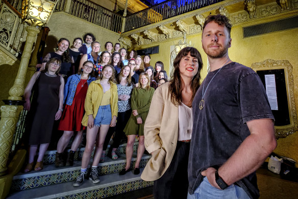 Phia Exiner and Joshua Teicher at the Forum Theatre with members of Melbourne Indie Voices.