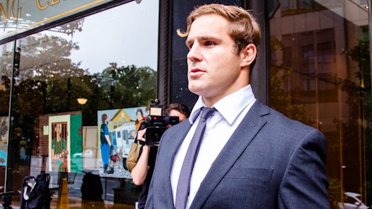 St George Illawarra player Jack de Belin leaving the Downing Centre on Thursday.