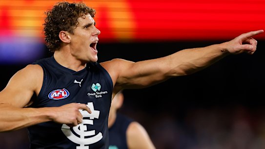 That’s the way we are heading: Charlie Curnow had three goals in an impressive first half.