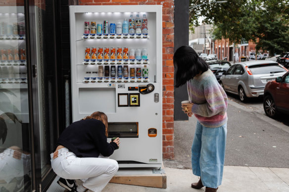 A vending machine full of ready-to-drink coffee outside Thieves coffee shop in Fitzroy.