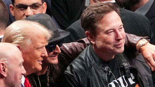 Donald Trump at Madison Square Garden with, from left, Dana White, Kid Rock and Elon Musk.