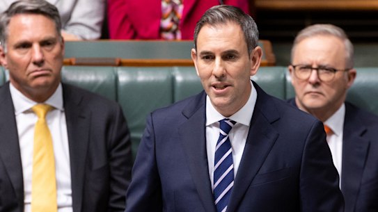 Treasurer Jim Chalmers delivering his May budget speech. The forecast $4.2 billion surplus has got larger since then.