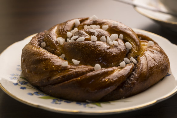 A cinnamon-and-cardamom bun with pearl sugar.