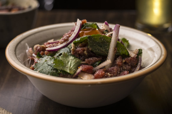 The go-to dish: Raw beef with bright herbal flavours and plenty of chilli.