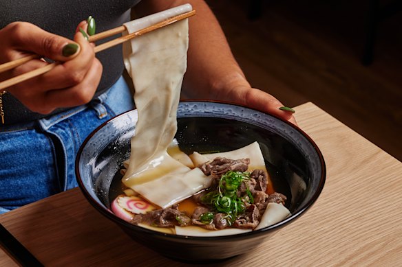 Wide Himokawa udon are silky and ribbon-like.