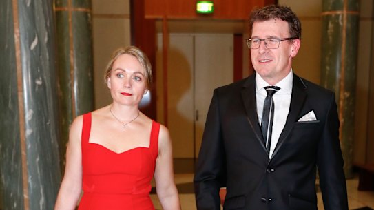 Rachelle Miller and Alan Tudge arrive for the Midwinter Ball at Parliament House in 2017.