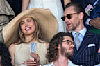 Jennifer Lopez and Tom Hiddleston at the 2026 Wimbledon Tennis Championships at the All England Lawn Tennis and Croquet Club on July 12, 2026 in London, England.