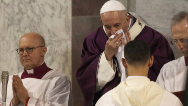 Pope Francis was seen wiping his nose during the Ash Wednesday Mass.