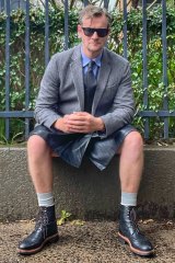 Acting natio<em></em>nal fashion editor Damien Woolnough finds the Brad Pitt within, wearing a skirt from Dangerfield.