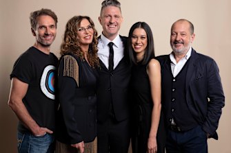 Wil Anderson (centre) with Gruen presenters Todd Sampson, Dee Madigan, Karen Ferry and Russel Howcroft.