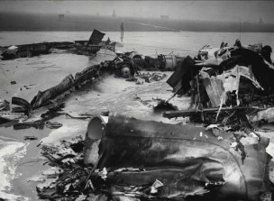 October 1, 1956: The wreckage of the Vulcan at London airport after the flames had burned the plane out. 