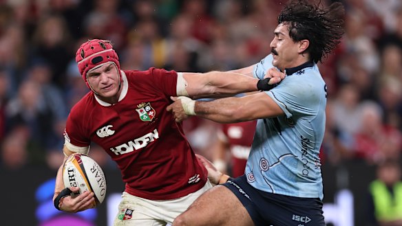 Charlie Gamble makes a tackle during the Waratahs’ clash with the British and Irish Lions in July.