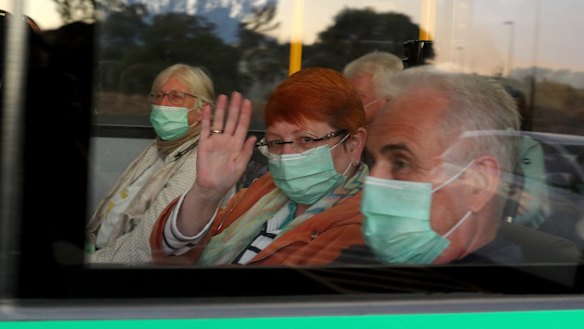 Passengers from the Artania cruise ship were transported from the Fremantle Passenger Terminal on buses by a police escort to Perth International Airport last week.