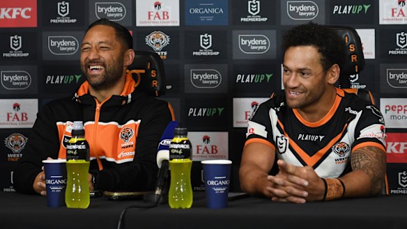 Benji Marshall and Api Koroisau celebrate a job well done in a rare victory this year.