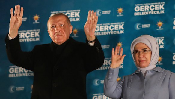 Turkish President and leader of the Justice and Development Party, or AKP, Recep Tayyip, Erdogan and his wife Emine.