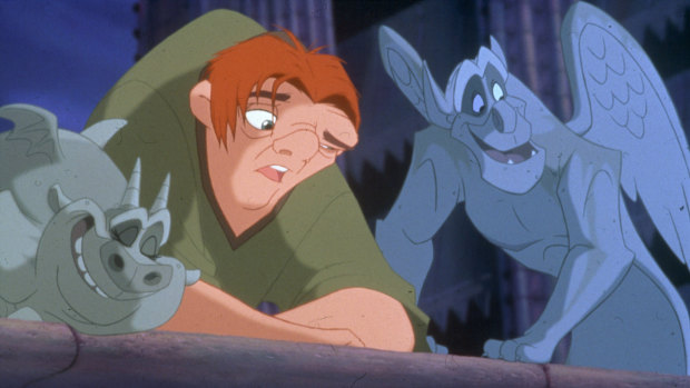 Quasimodo with his gargoyle friends Hugo and Victor from the Disney version of the story.
