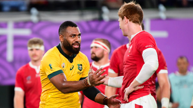 Samu Kerevi apologises to Rhys Patchell at full-time following the contentious hit during Australia's loss to Wales.
