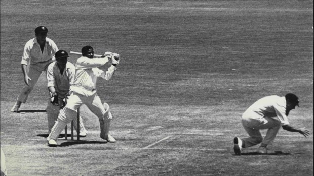 Basil Butcher pulls for four on his way to a 1969 century at the SCG. It was his fourth century of the tour.