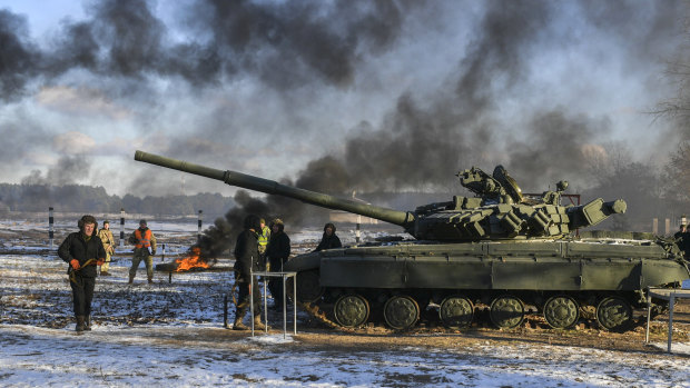 Ukrainian servicemen attend military training in Chernihiv region, Ukraine, on Wednesday.