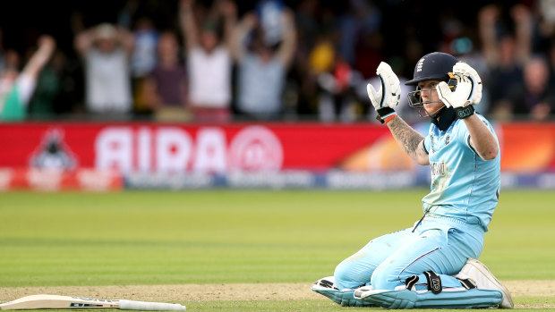 Cup runneth over: Ben Stokes reacts after accidentally deflecting the ball to the boundary. 