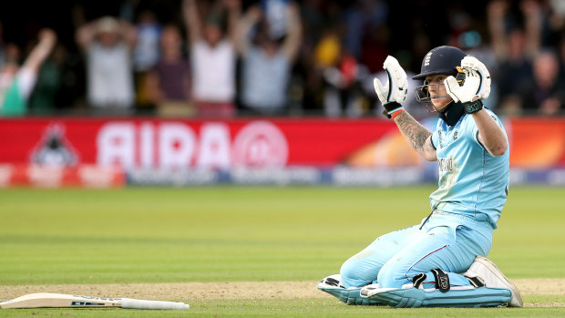 England's Ben Stokes reacts after the ball hit his bat during the ICC World Cup Final.