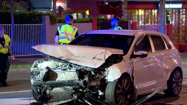 Greens MP Amy MacMahon’s car after the collision at Kangaroo Point on Monday night.