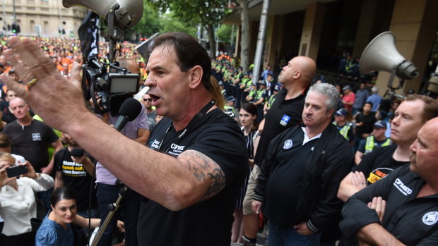 Refusing to step down: CFMMEU boss John Setka addresses a rally in Melbourne.