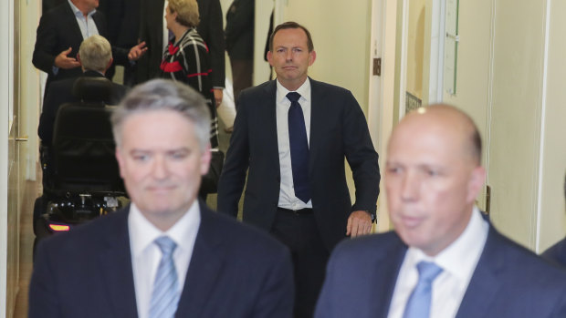 Mathias Cormann, Tony Abbott and Peter Dutton after the leadership challenge.