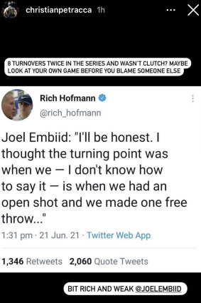 Christian Petracca’s Instagram story regarding Joel Embiid’s comments about Ben Simmons after Philadelphia lost game seven of their playoff series against Atlanta.