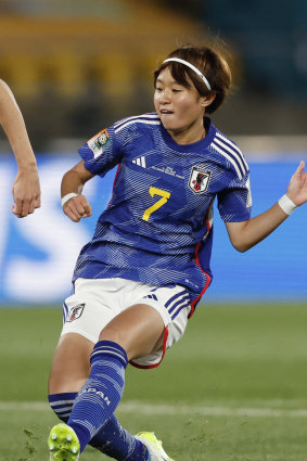 Hinata Miyazama on her way to scoring against Spain.