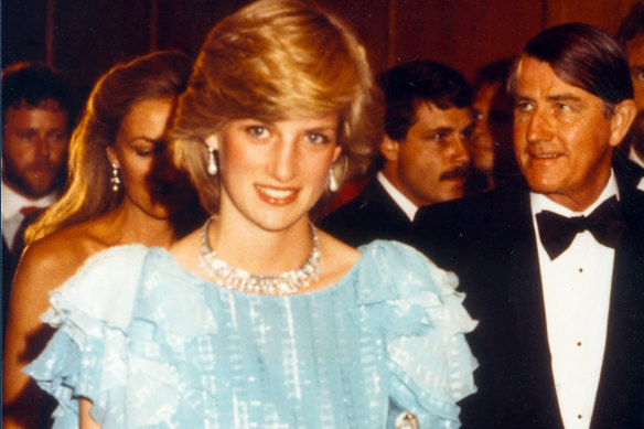 Princess Diana at a function at the Wentworth Hotel in Sydney on 28 March, 1983. Also pictured is NSW Premier Neville Wran (right).