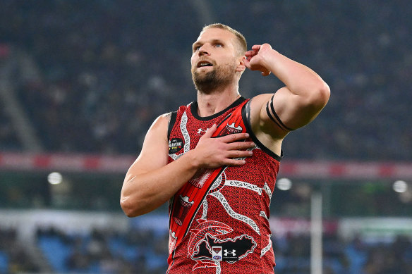 Bombers star Jake Stringer celebrates a goal.