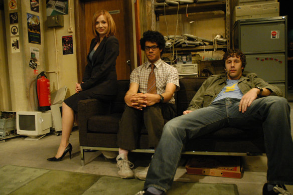 Parkinson with Richard Ayoade and Chris O’Dowd in <i>The IT Crowd</i>.