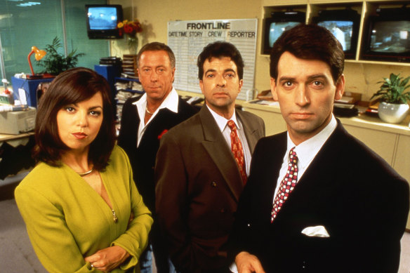 Jane Kennedy and Rob Sitch, with Steve Bisley and Tiriel Mora, in TV current affairs satire Frontline.