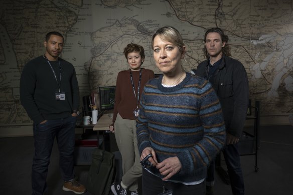 Nicola Walker (centre) with the cast of Annika (from left) Ukweli Roach, Katie Cheung and Jamie Sives. 