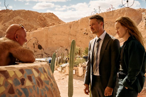 Mark Mitchinson (left) as Nulla’s hot-tub loving mayor, with Michael Dorman and Liv Hewson as Ivan and Nell in Treasure and Dirt.
