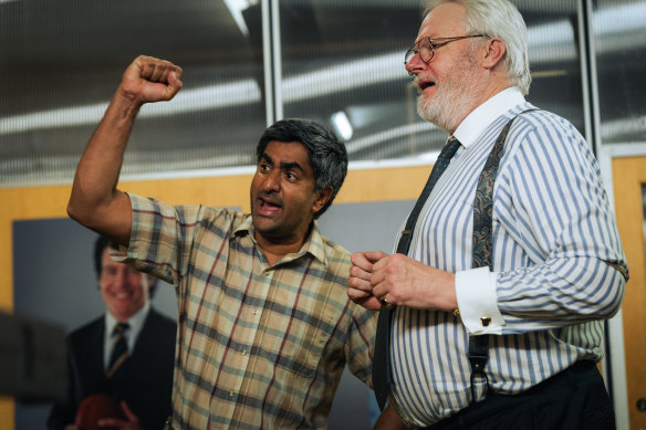 Chum Ehelepola (left) as Dennis Tibb and William McInnes as Lindsay Cunningham in The Newsreader. 