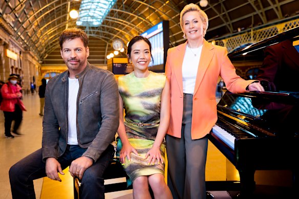 Host of The Piano Amanda Keller (right) with judges Harry Connick Jr and Andrea Lam.