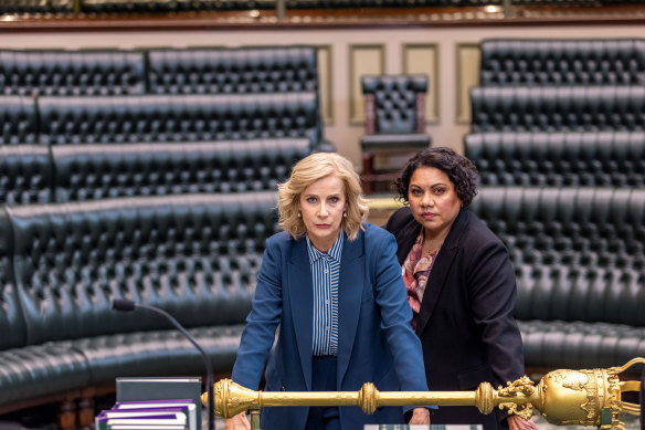 Rachel Griffiths as Rachel Anderson and Deborah Mailman as Alex Irving in the final season of <i>Total Control</i>.