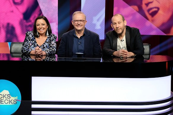 Myf Warhurst, Prime Minister Anthony Albanese and Ben Lee on Spicks and Specks.