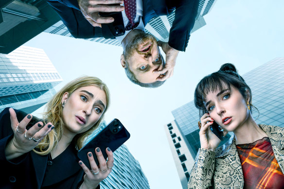 Jenna Owen (left) as Nicole Kidman, Vic Zerbst (right) as Greta Goldman and Charles Firth as Ian Randell in Optics.