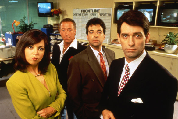 Frontline, the current affairs satire, with (from left) Jane Kennedy, Steve Bisley, Tiriel Mora and Rob Sitch.