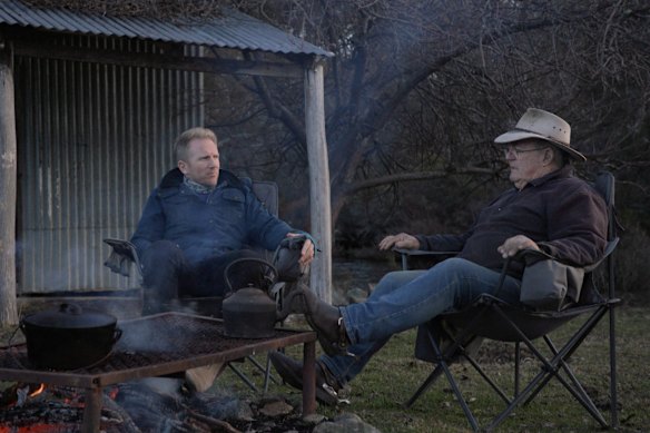 Hamish Macdonald (left) and Peter Cochran, who is pro-brumbies, in Jindabyne in The Matter of Facts.  