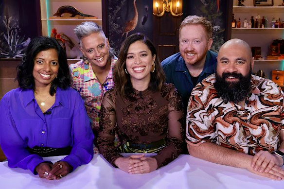 Tonight at the Museum host Alex Lee (middle) with guests Sashi Perera, Geraldine Hickey, Luke McGregor and Bjorn Stewart.