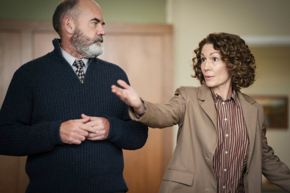 Marty Sheargold as the conflict-averse Ray with Kitty Flanagan in a scene from Fisk.